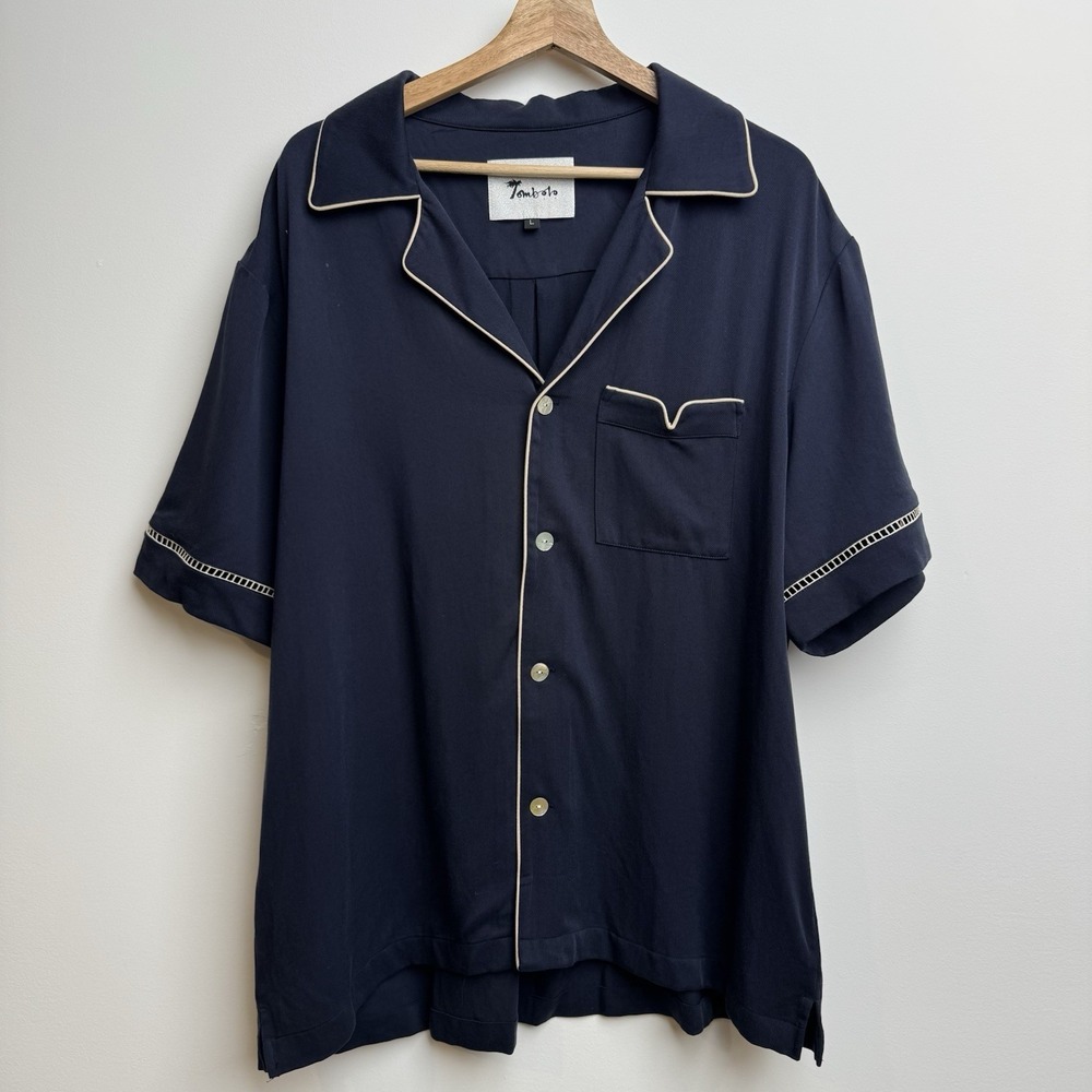 Tombolo Cabrisa Shirt  Large Men's Navy Short Sleeve Tencel Button Front White